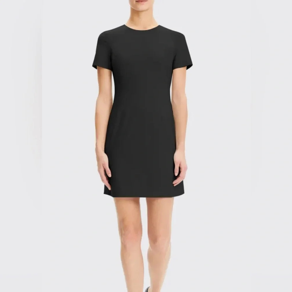 Theory Leather Side Panel Short Sleeve Black Sheath Mini Dress sz 6